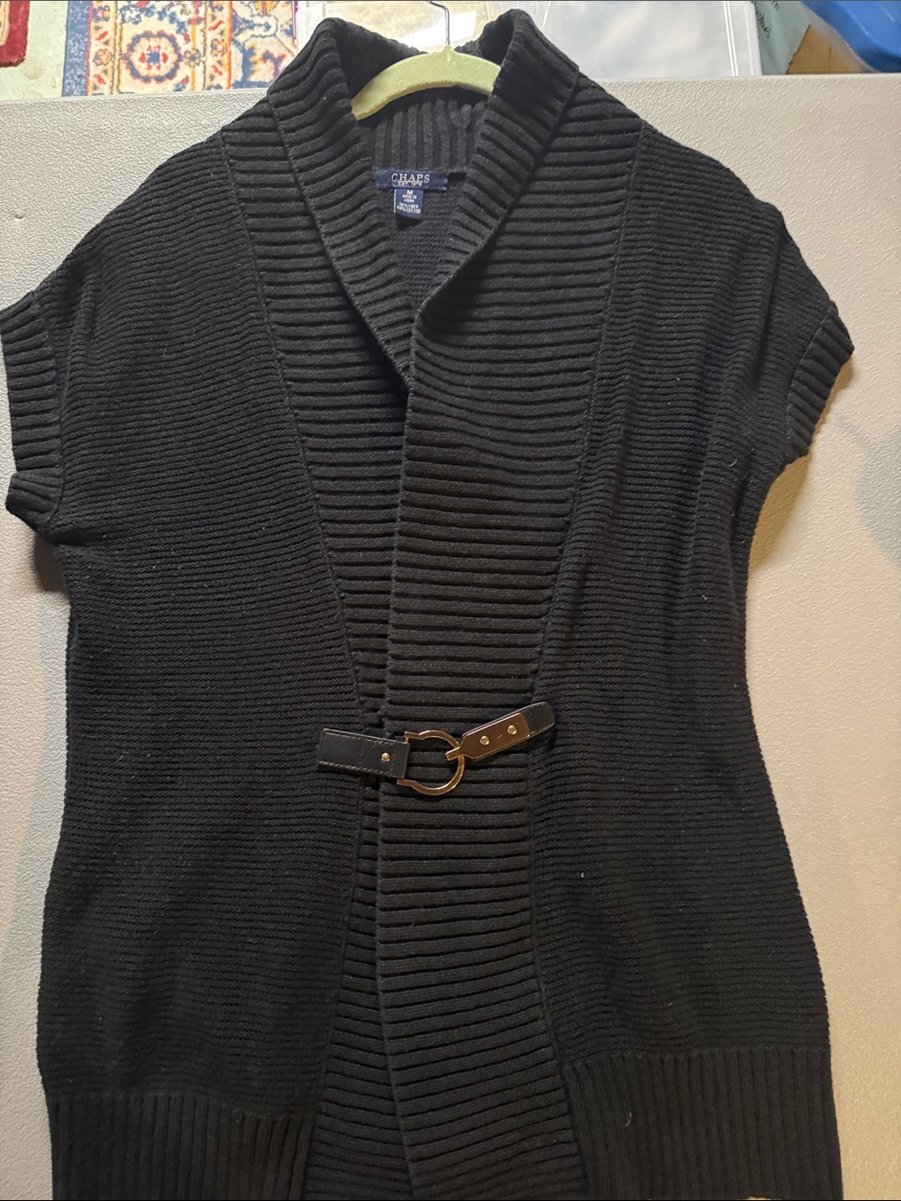 Chaps Black Short-Sleeve Ribbed Shawl Cardigan with Gold Buckle